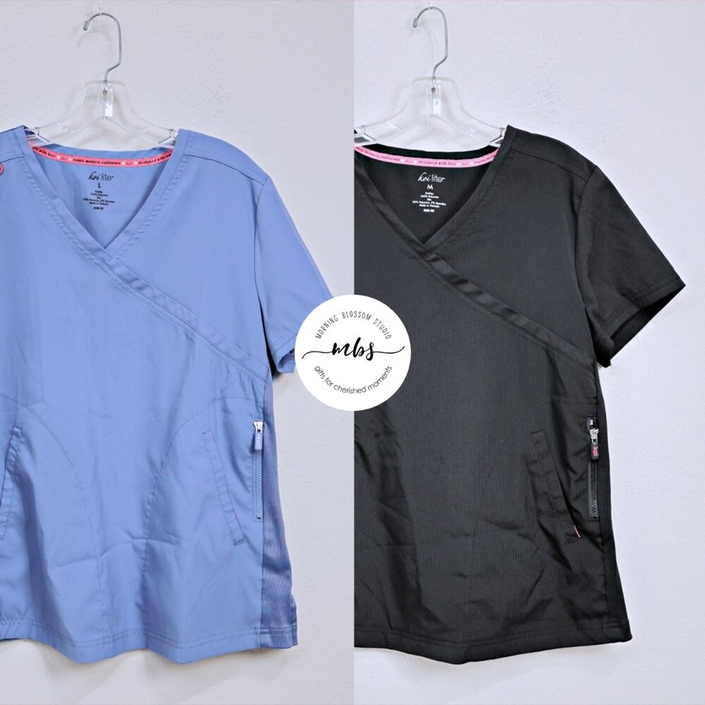 Bundle of 2 Koi Lite Philosophy 3-Pocket Mock-Wrap Scrub Top Black Blue‎ M/L